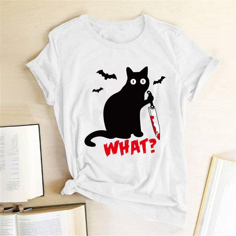 Black Cat What Tshirt Murderous Cat Knife Women Funny - plusminusco.com