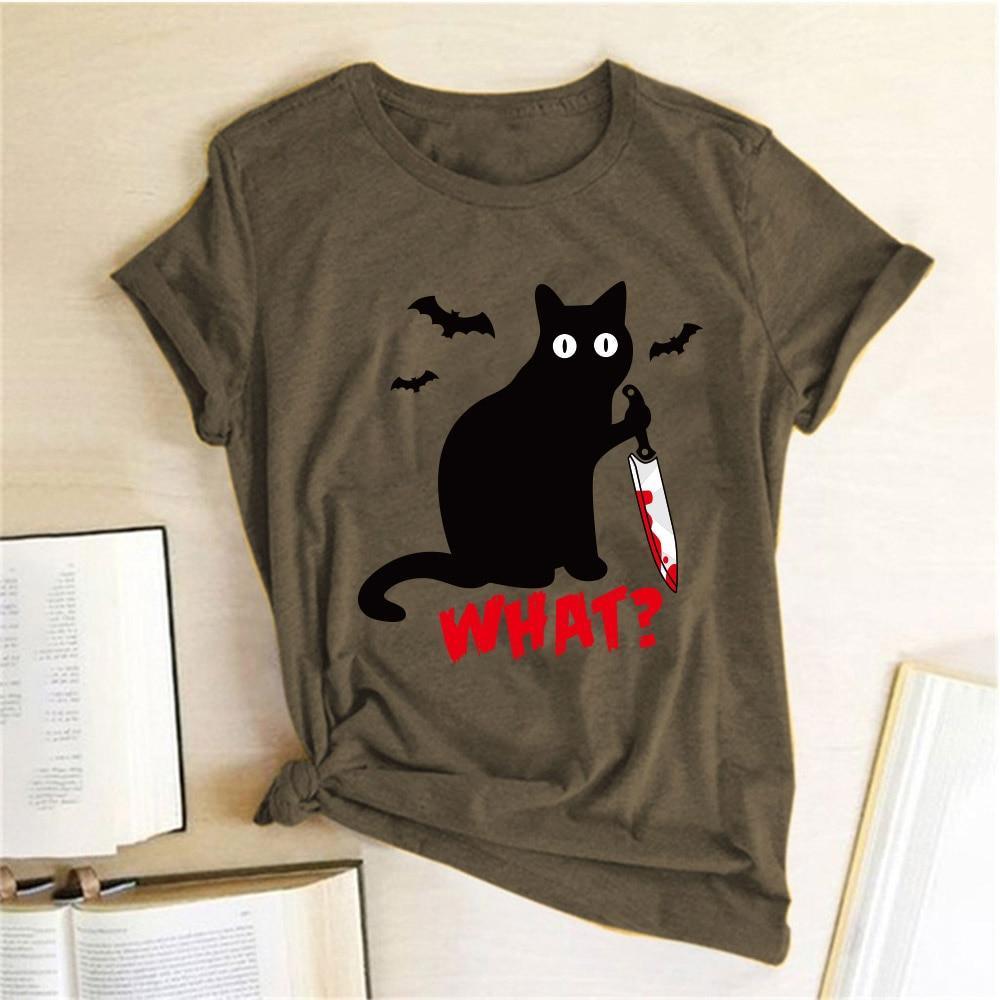 Black Cat What Tshirt Murderous Cat Knife Women Funny - plusminusco.com