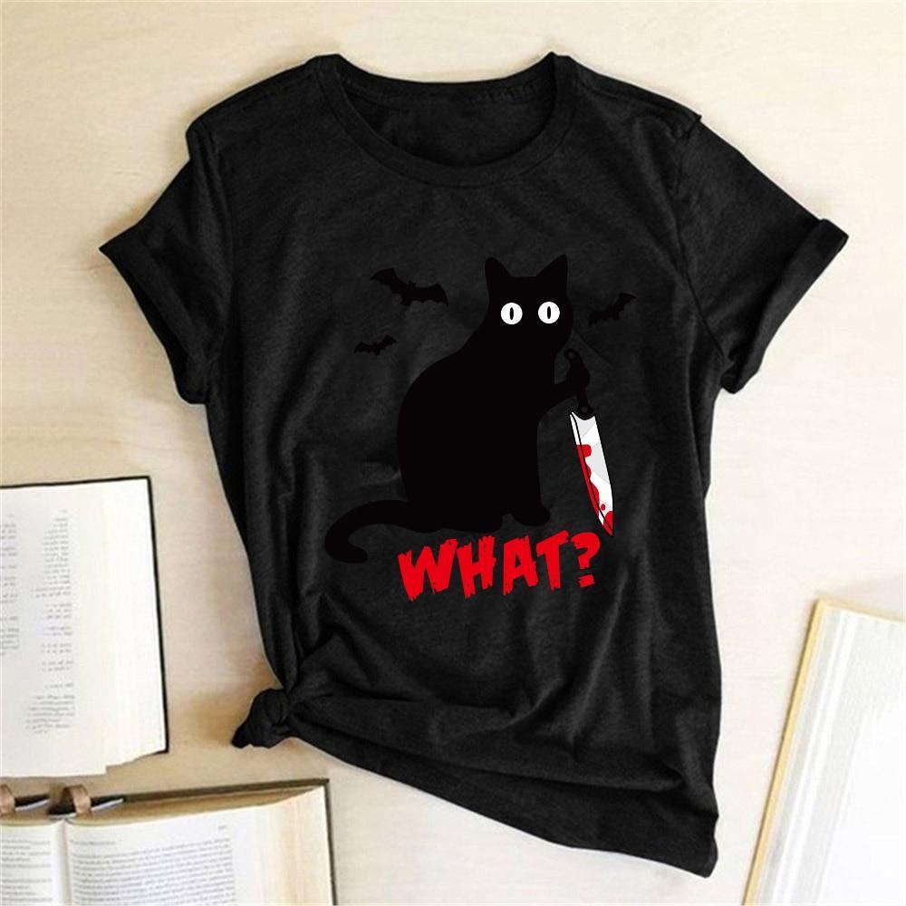 Black Cat What Tshirt Murderous Cat Knife Women Funny - plusminusco.com