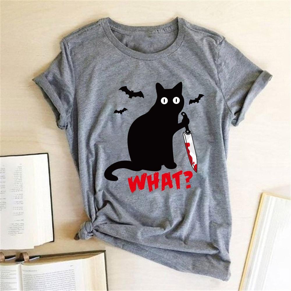 Black Cat What Tshirt Murderous Cat Knife Women Funny - plusminusco.com