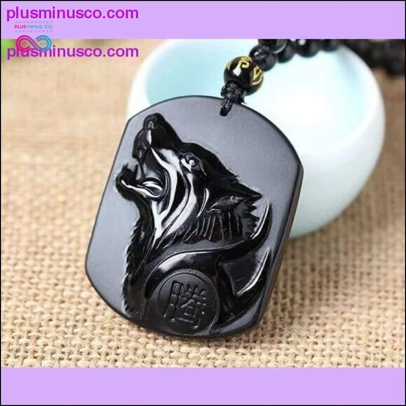 Svart Obsidian Carving Wolf Head Amulet hänge gratis - plusminusco.com