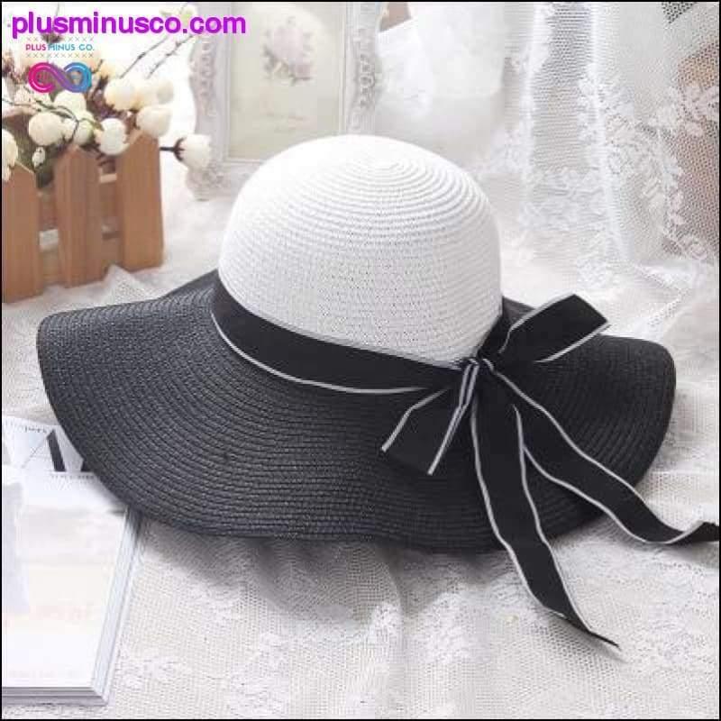 Chapéu de sol de verão listrado preto e branco com laço lindo feminino - plusminusco.com