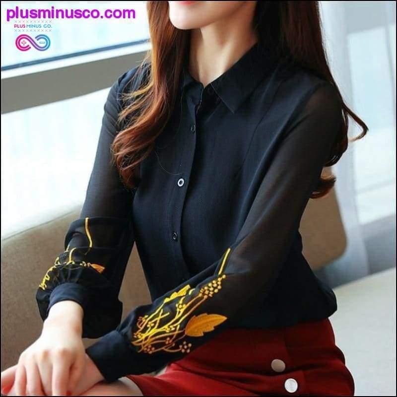 Blusas mujer de moda шифонена блуза с черни копчета плътно - plusminusco.com