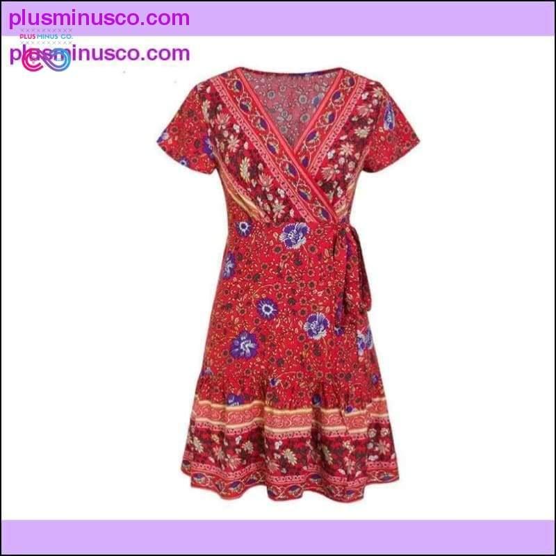 Bohémské květinové mini dámské letní šaty s volánem do V - plusminusco.com