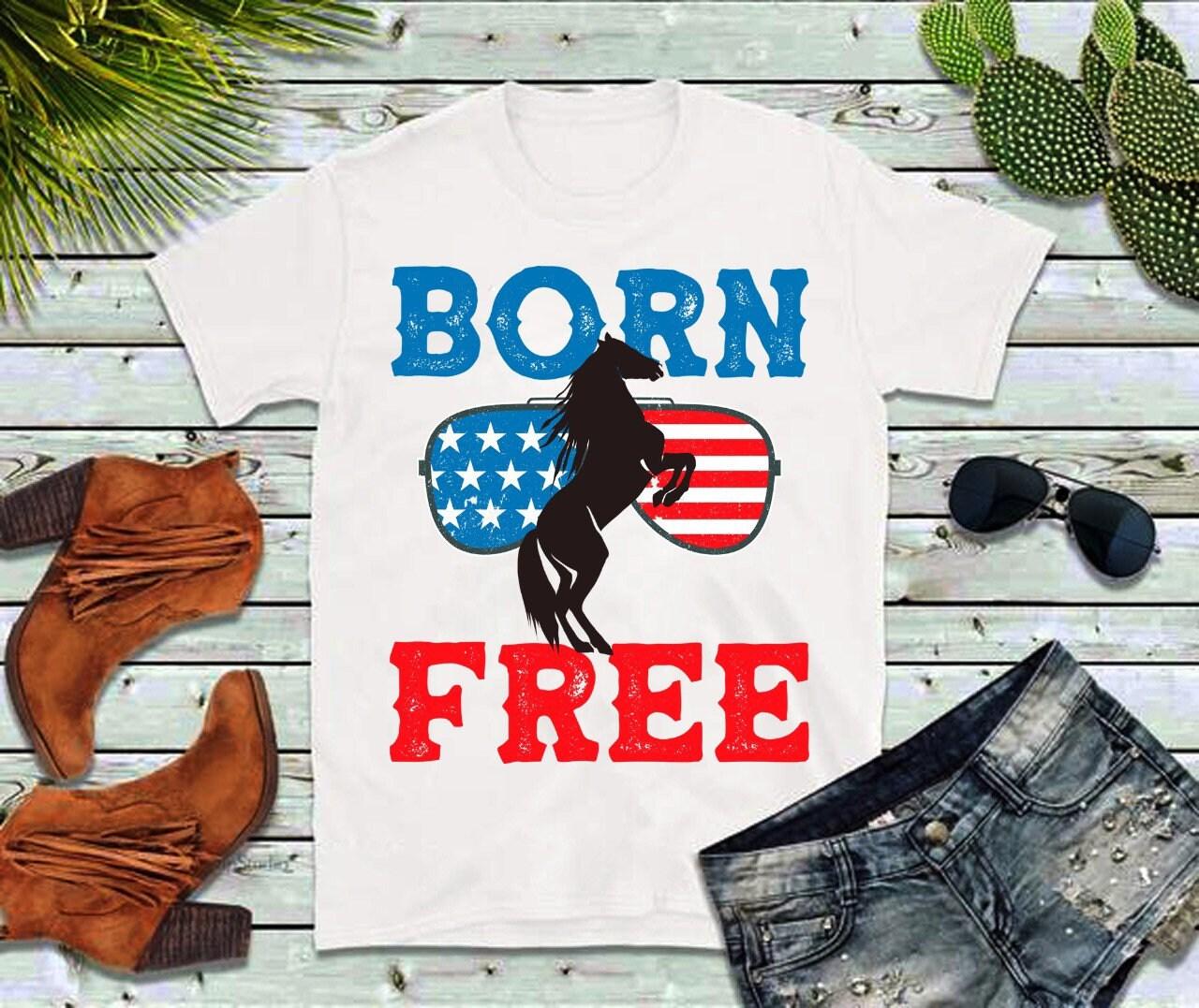 Gimęs laisvas | Arklys | Akiniai nuo saulės | Amerikos vėliavos marškinėliai, patriotiškas amerikietis, 2-oji pataisa, liepos 4-osios šventė – plusminusco.com