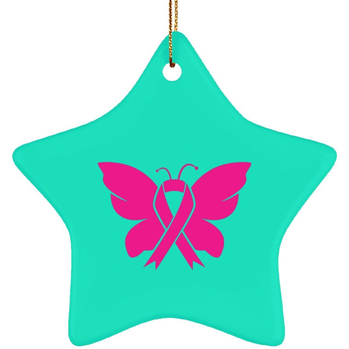 Керамічна прикраса у формі зірки щодо раку молочної залози, у жовтні ми носимо рожевий, сублімаційний дизайн, метелик, поінформованість про рак молочної залози, рожевий метелик - plusminusco.com
