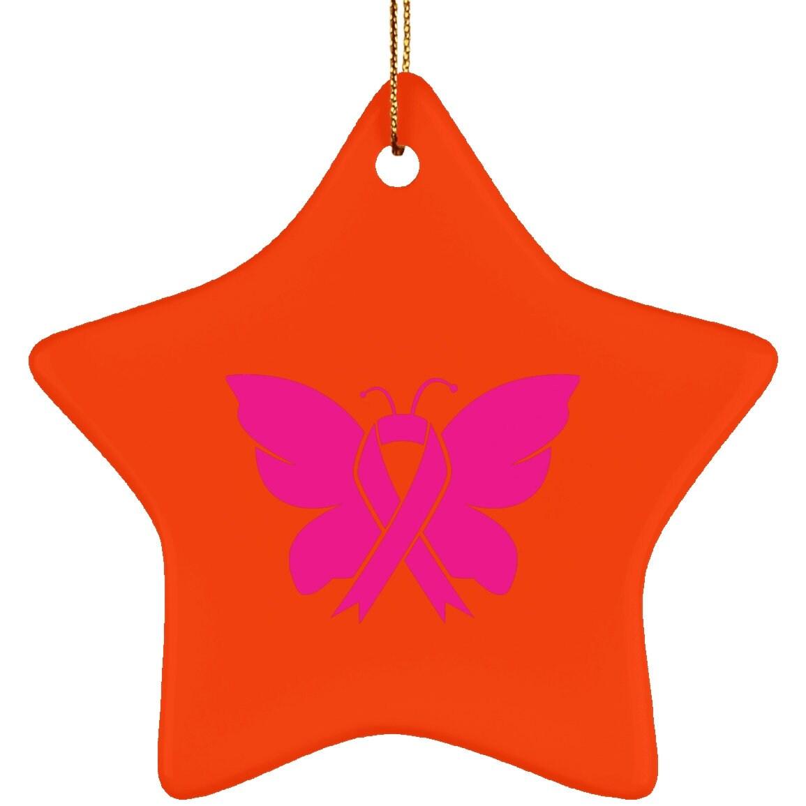 Keramik-Sternornament zum Thema Brustkrebs-Bewusstsein, Im Oktober tragen wir Rosa, Sublimationsdesign, Schmetterling Brustkrebs-Bewusstsein, rosa Schmetterling - plusminusco.com