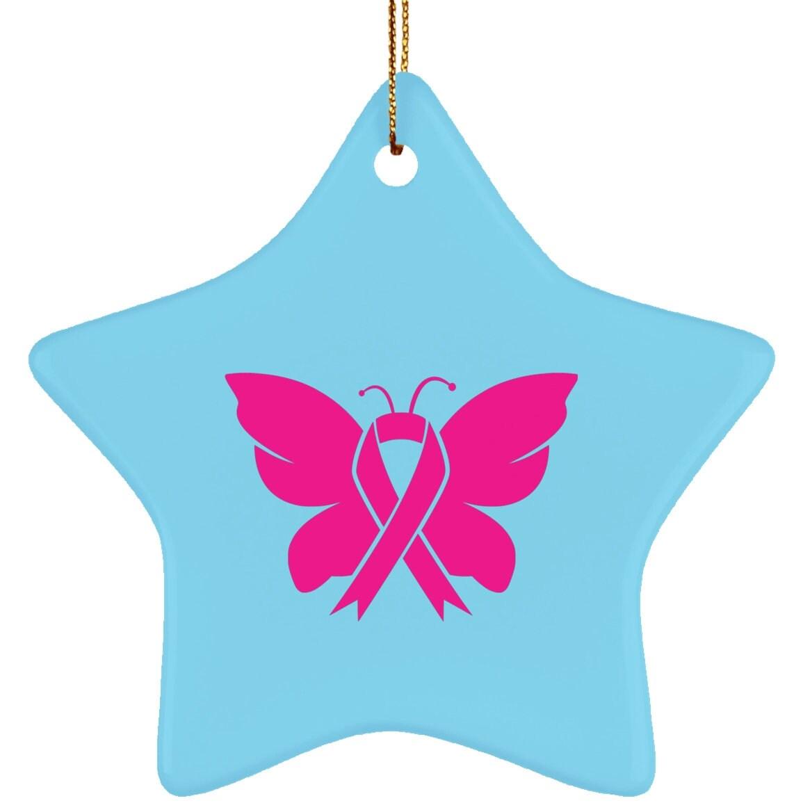 Ornamento de estrela de cerâmica para conscientização sobre o câncer de mama, em outubro usamos rosa, design de sublimação, borboleta Conscientização sobre o câncer de mama, borboleta rosa - plusminusco.com
