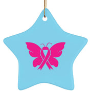 Keramik-Sternornament zum Thema Brustkrebs-Bewusstsein, Im Oktober tragen wir Rosa, Sublimationsdesign, Schmetterling Brustkrebs-Bewusstsein, rosa Schmetterling - plusminusco.com