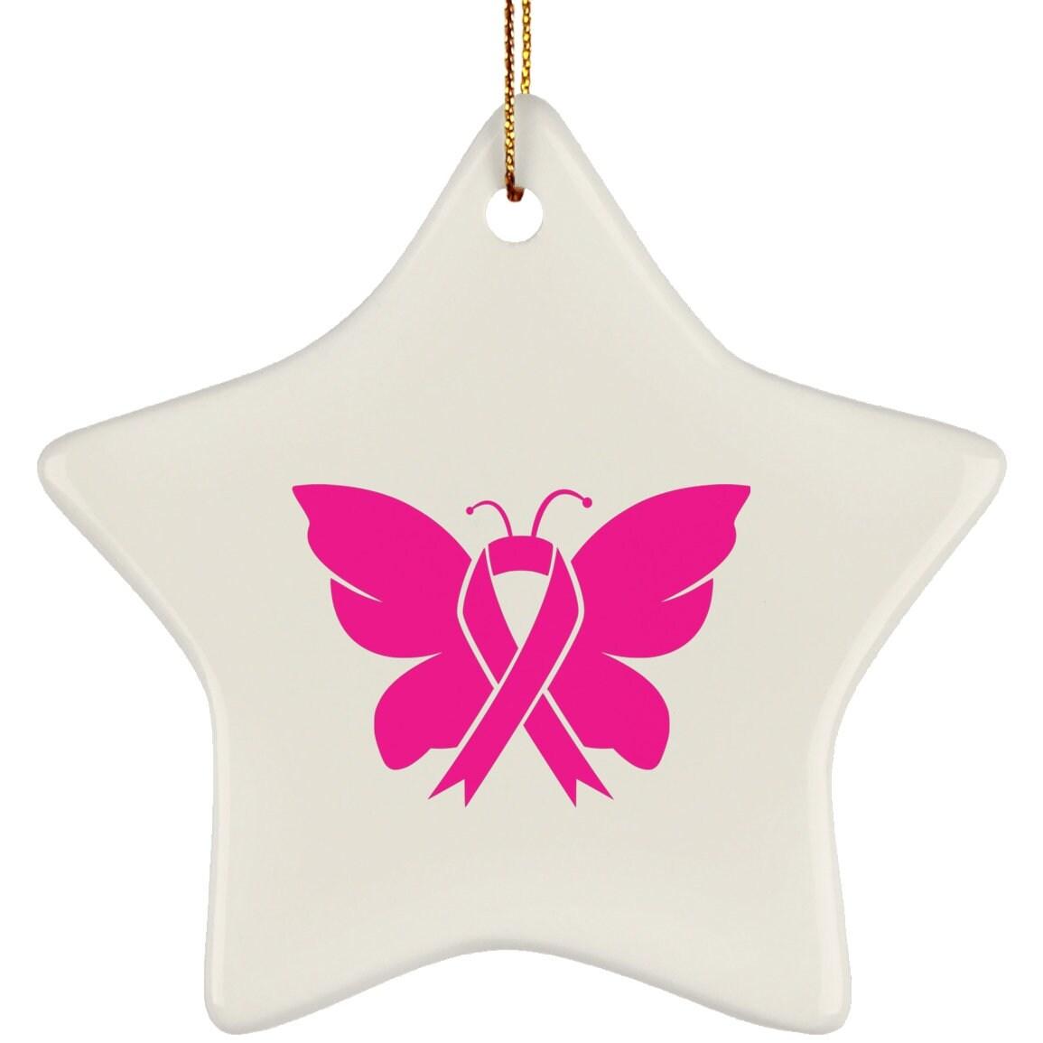 Adorno de estrella de cerámica para concientización sobre el cáncer de mama, en octubre usamos rosa, diseño de sublimación, mariposa Concientización sobre el cáncer de mama, mariposa rosa - plusminusco.com