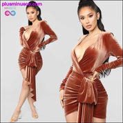 Brown Velvet Bodycon Dress V Neck Long Sleeve Sashes Wrap - plusminusco.com