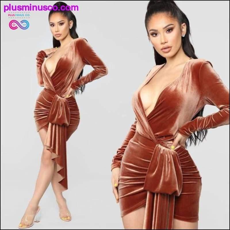 Brown Velvet Bodycon Dress V Neck Long Sleeve Sashes Wrap - plusminusco.com