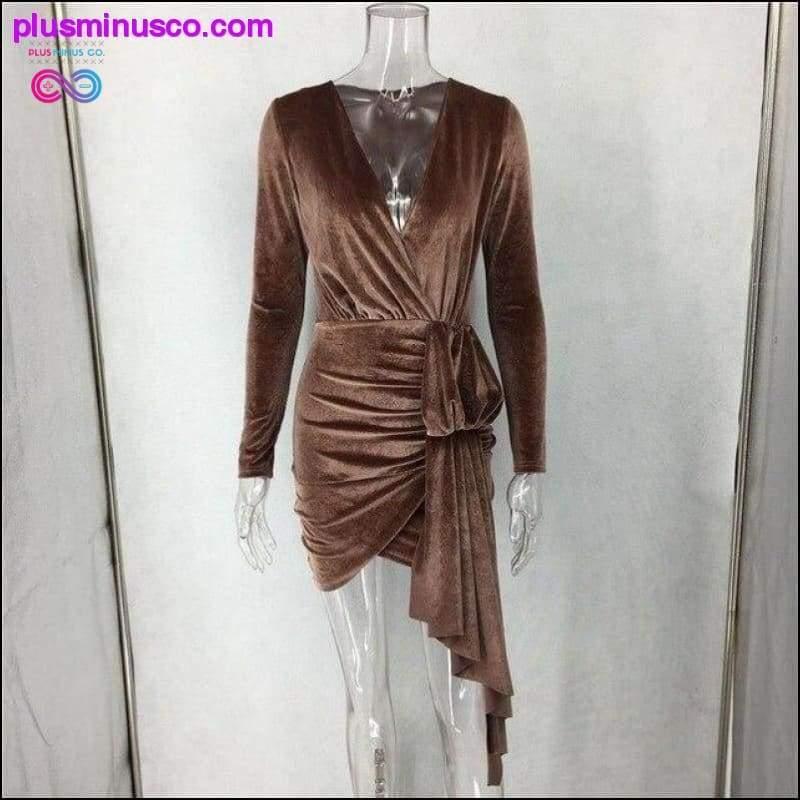 Brown Velvet Bodycon Dress V Neck Long Sleeve Sashes Wrap - plusminusco.com