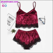 Burgundy Velvet 2 Piece Set Women Eyelash Lace Cami Top With - plusminusco.com