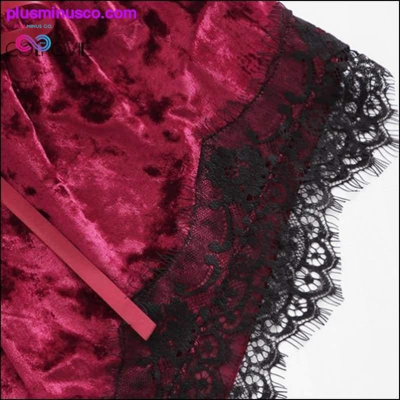 Burgundy Velvet 2 Piece Set Women Eyelash Lace Cami Top With - plusminusco.com