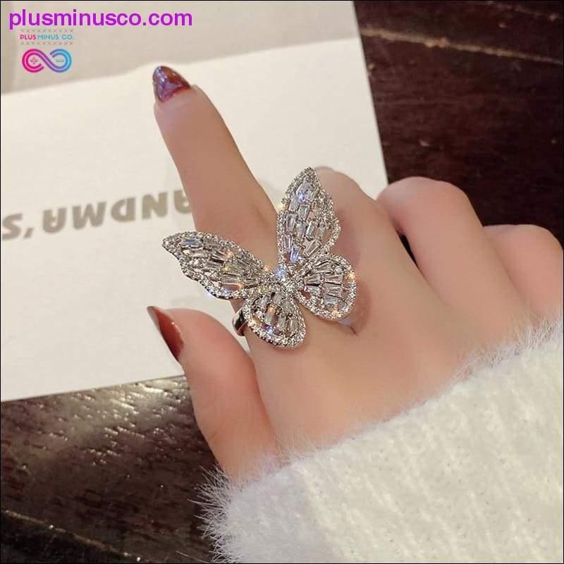 Schmetterlingsring, luxuriöser, glänzender Cocktail-Party-Ring für Damen, zierliche verstellbare Ringe, hochwertige, helle Kupfer-Zirkon-Schmetterlingsringe, - plusminusco.com