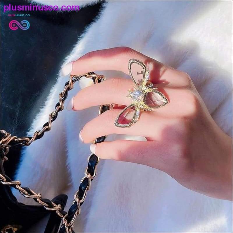 Pierścionek z motylem Luksusowy błyszczący pierścionek na przyjęcie koktajlowe dla kobiet, delikatne regulowane pierścionki, wysokiej jakości jasne miedziane pierścionki z cyrkonią w kształcie motyla, - plusminusco.com