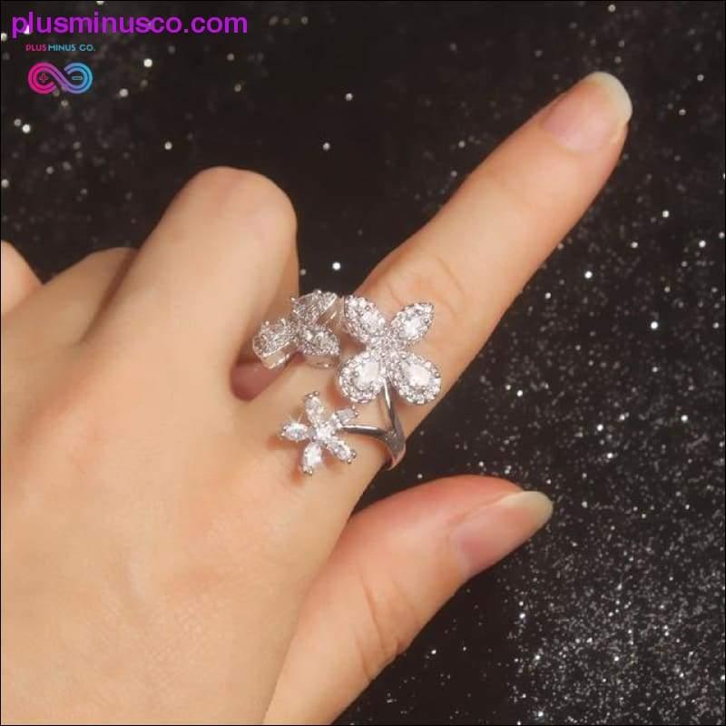 Butterfly Ring Luxury Shiny Cocktail Party Ring for Women, Dainty Adjustable Rings, High Grade Bright Copper Zircon Butterfly Rings, - plusminusco.com