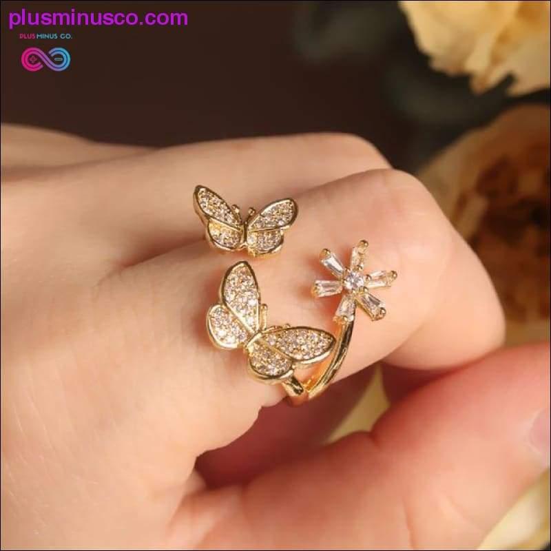 Butterfly Ring Luxury Shiny Cocktail Party Ring for Women, Dainty Adjustable Rings, High Grade Bright Copper Zircon Butterfly Rings, - plusminusco.com