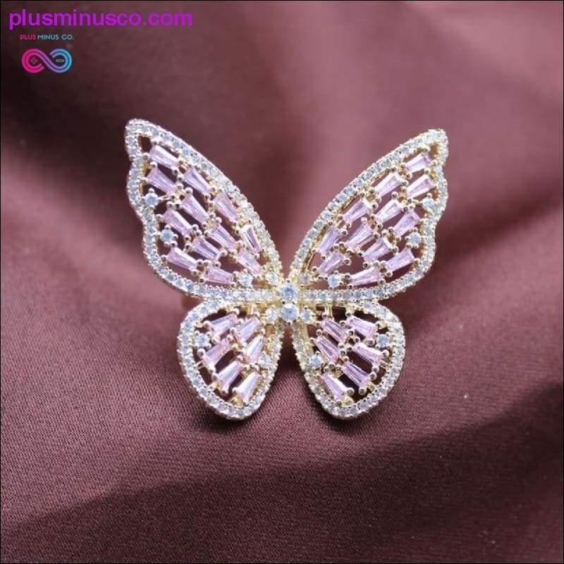 Butterfly Ring Luxury Shiny Cocktail Party Ring for Women, Dainty Adjustable Rings, High Grade Bright Copper Zircon Butterfly Rings, - plusminusco.com
