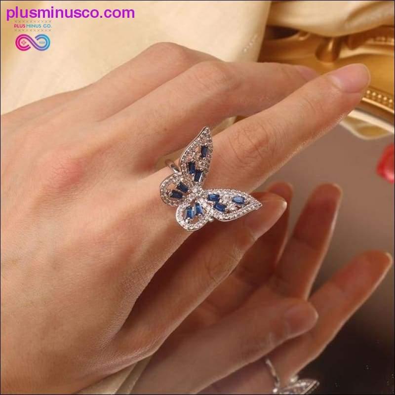 Motýlí prsten Luxusní lesklý koktejlový párty prsten pro ženy, elegantní nastavitelné prsteny, vysoce kvalitní měděné prsteny se zirkonem, - plusminusco.com