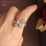 Butterfly Ring Luxury Shiny Cocktail Party Ring for Women, Dainty Adjustable Rings, High Grade Bright Copper Zircon Butterfly Rings, - plusminusco.com