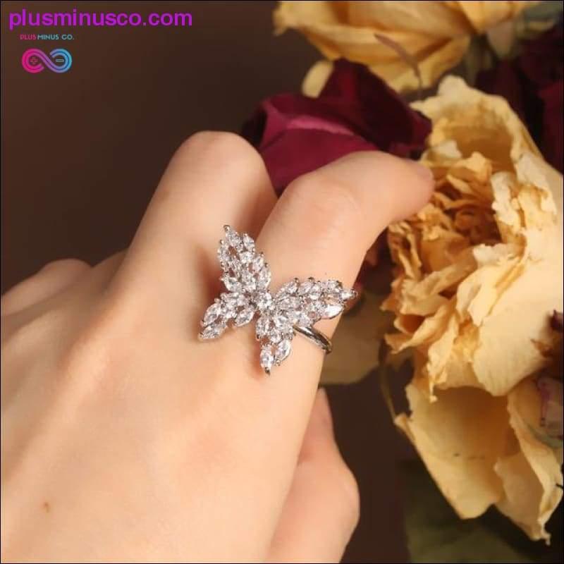 Butterfly Ring Luxury Shiny Cocktail Party Ring for Women, Dainty Adjustable Rings, High Grade Bright Copper Zircon Butterfly Rings, - plusminusco.com