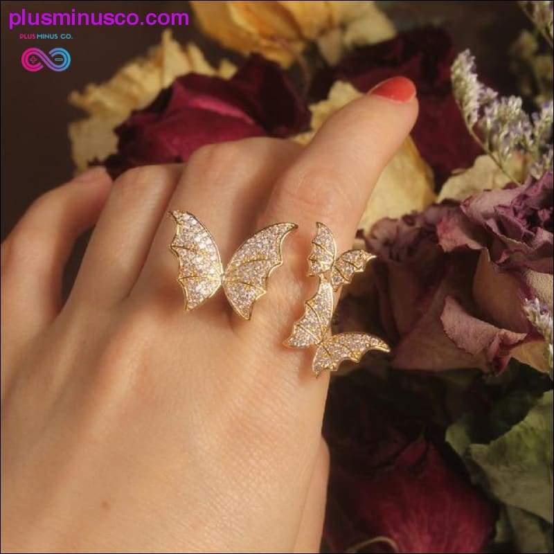 Пръстен с пеперуда Луксозен лъскав коктейлен пръстен за парти за жени, изискани регулируеми пръстени, пръстени с пеперуди от висок клас мед и циркон, - plusminusco.com