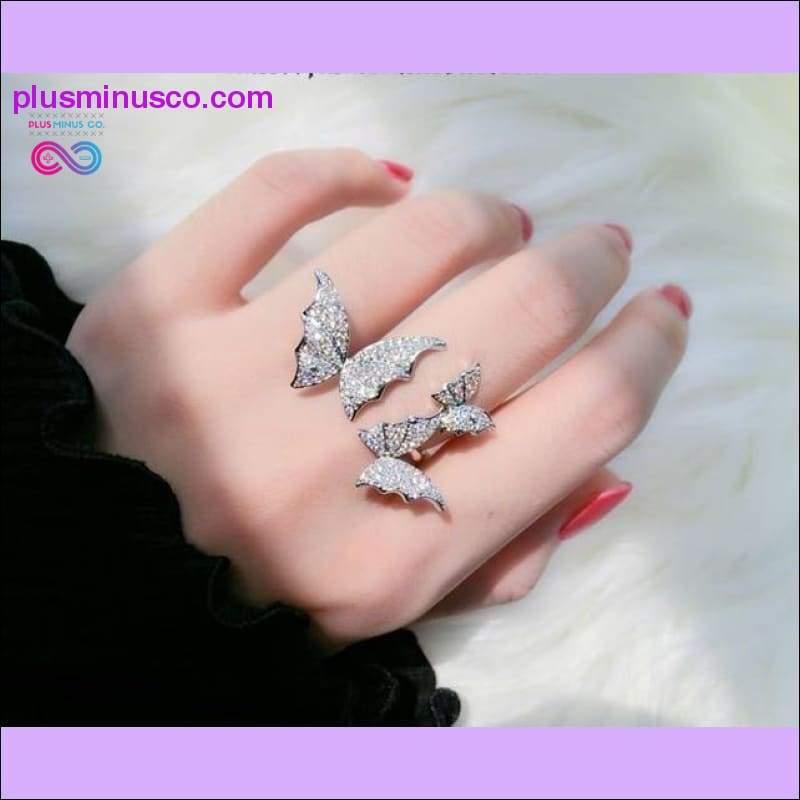 Butterfly Ring Luxury Shiny Cocktail Party Ring for Women, Dainty Adjustable Rings, High Grade Bright Copper Zircon Butterfly Rings, - plusminusco.com