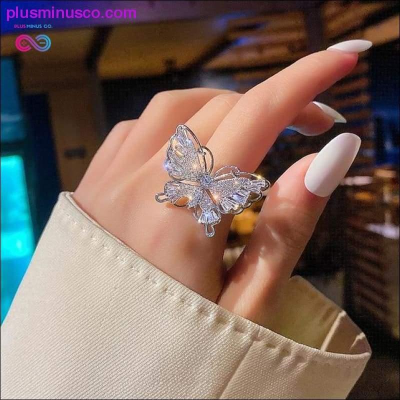 Pierścionek z motylem Luksusowy błyszczący pierścionek na przyjęcie koktajlowe dla kobiet, delikatne regulowane pierścionki, wysokiej jakości jasne miedziane pierścionki z cyrkonią w kształcie motyla, - plusminusco.com