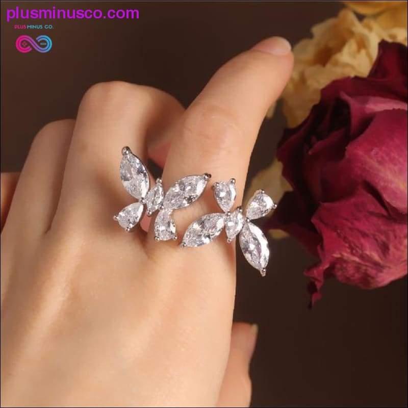 Butterfly Ring Luxury Shiny Cocktail Party Ring for Women, Dainty Adjustable Rings, High Grade Bright Copper Zircon Butterfly Rings, - plusminusco.com