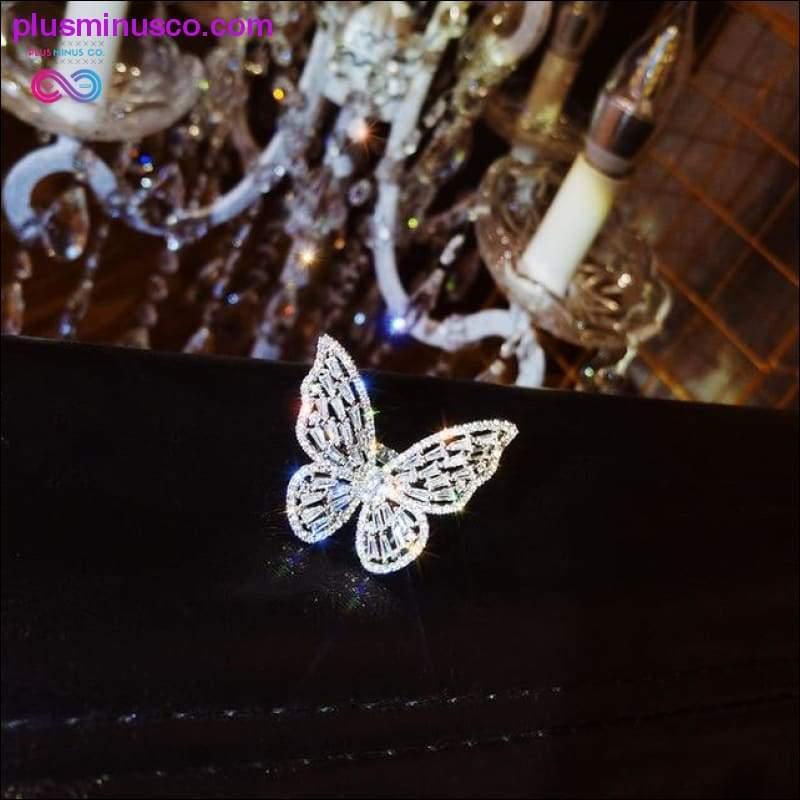 Butterfly Ring Luxury Shiny Cocktail Party Ring for Women, Dainty Adjustable Rings, High Grade Bright Copper Zircon Butterfly Rings, - plusminusco.com