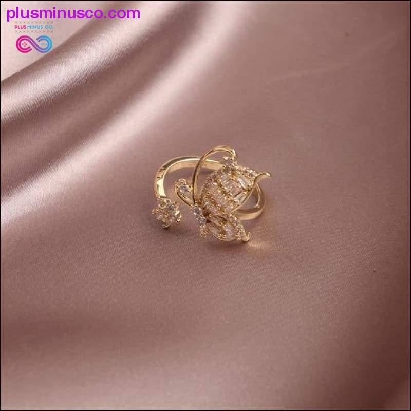 Butterfly Ring Luxus, fényes koktélparti gyűrű nőknek, finoman állítható gyűrűk, kiváló minőségű fényes vörösréz cirkon pillangó gyűrűk, - plusminusco.com