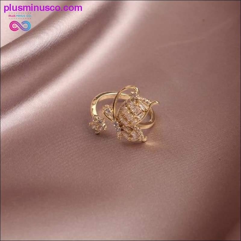 Butterfly Ring Luxury Shiny Cocktail Party Ring for Women, Dainty Adjustable Rings, High Grade Bright Copper Zircon Butterfly Rings, - plusminusco.com