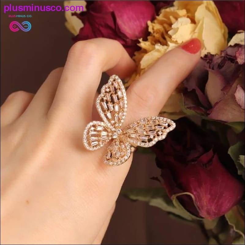 Prsten s leptirom Luksuzni sjajni prsten za koktel zabave za žene, elegantno podesivo prstenje, visokokvalitetno prstenje s leptirima od svijetlog bakra i cirkona, - plusminusco.com