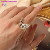 Anel de borboleta Anel de luxo brilhante para coquetel para mulheres, anéis ajustáveis ​​delicados, anéis de borboleta de zircão de cobre brilhante de alta qualidade, - plusminusco.com