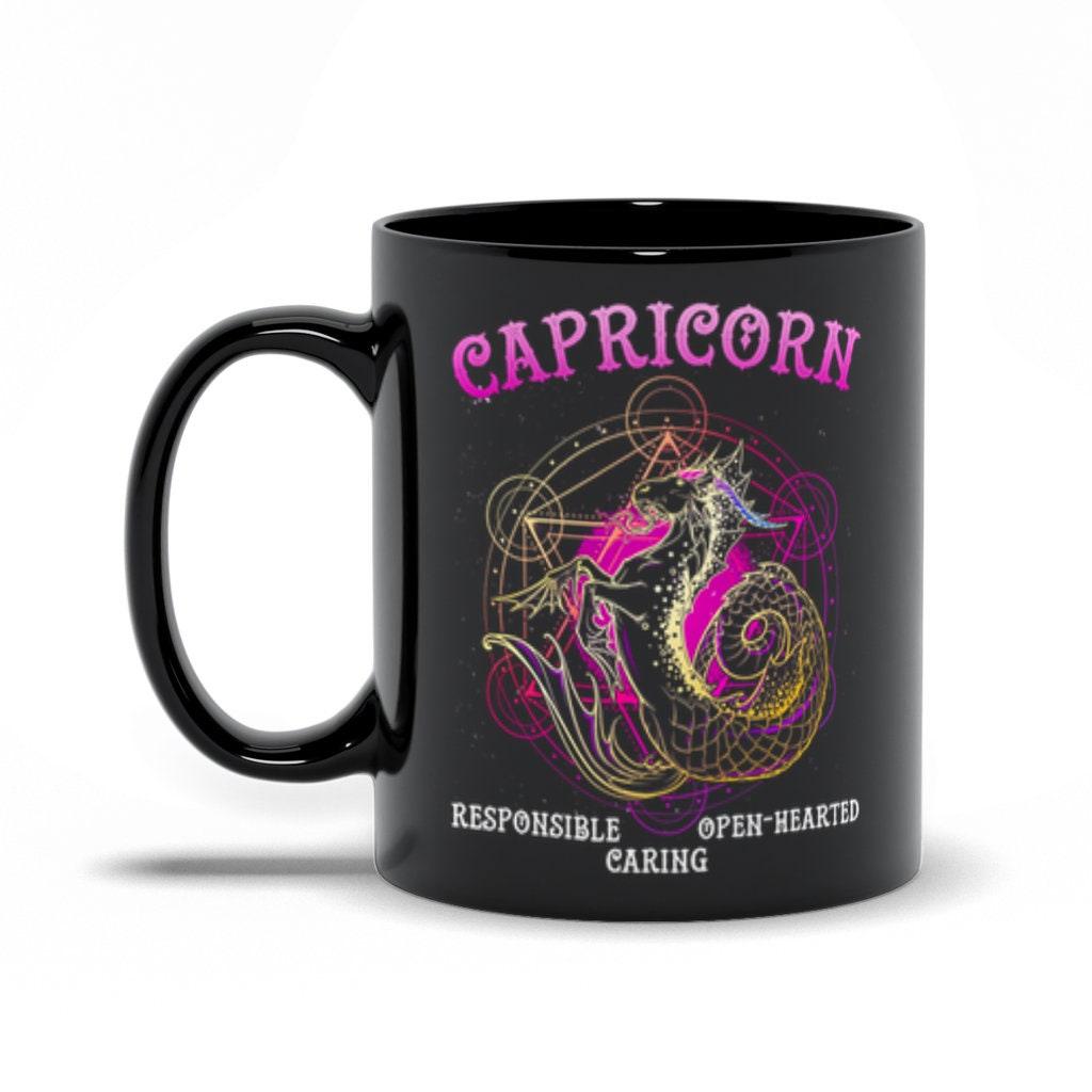 Capricorn | Responsible, Caring ,Open-Hearted Black Mugs - plusminusco.com