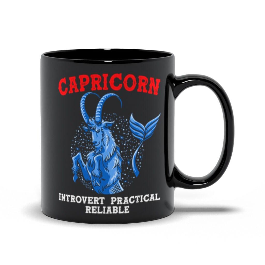 Capricorn Qualities  Introvert, Practical, Reliable Black Mugs, Capricon Zodiac design Mug, Capricon Gift ideas, December Born, January Born - plusminusco.com