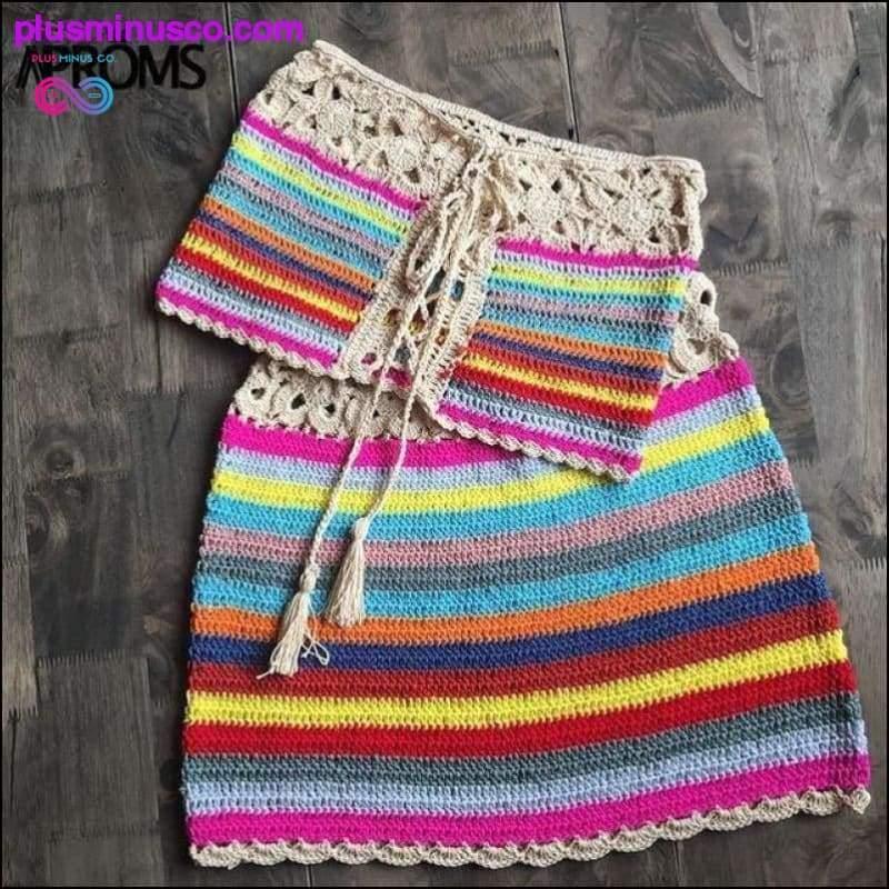 Makukulay na Striped Strapless Crochet Tube Crop Top at Skirt - plusminusco.com