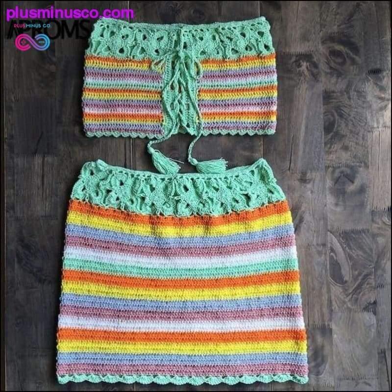 Haut court et jupe tube sans bretelles en crochet à rayures colorées - plusminusco.com