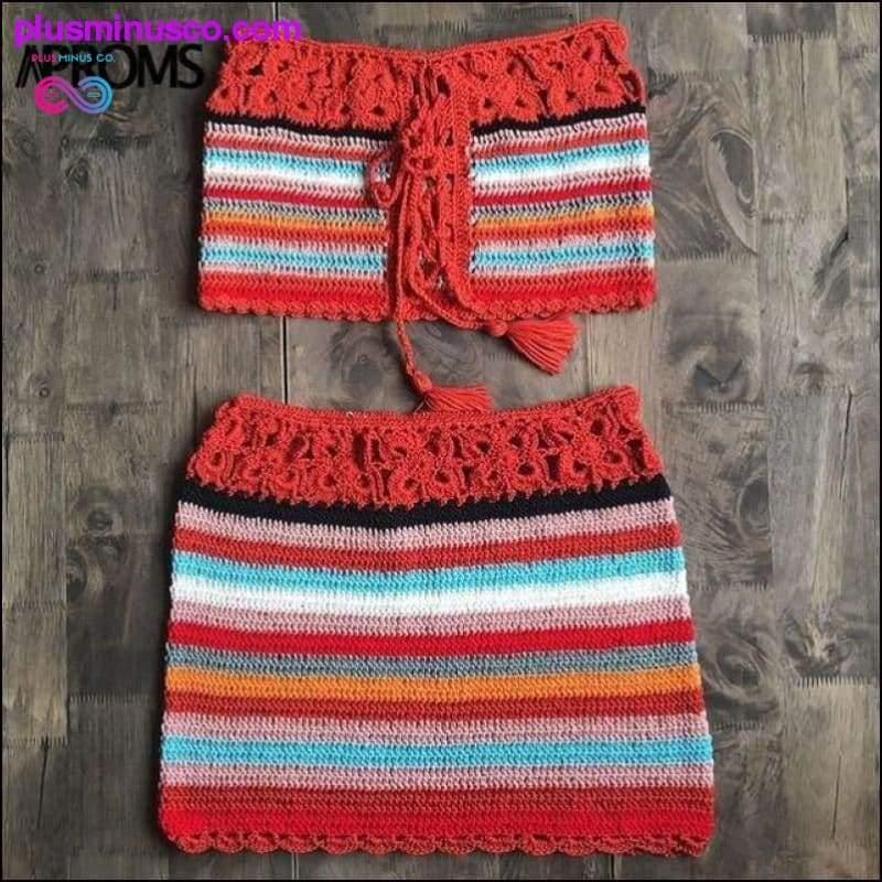 Makukulay na Striped Strapless Crochet Tube Crop Top at Skirt - plusminusco.com