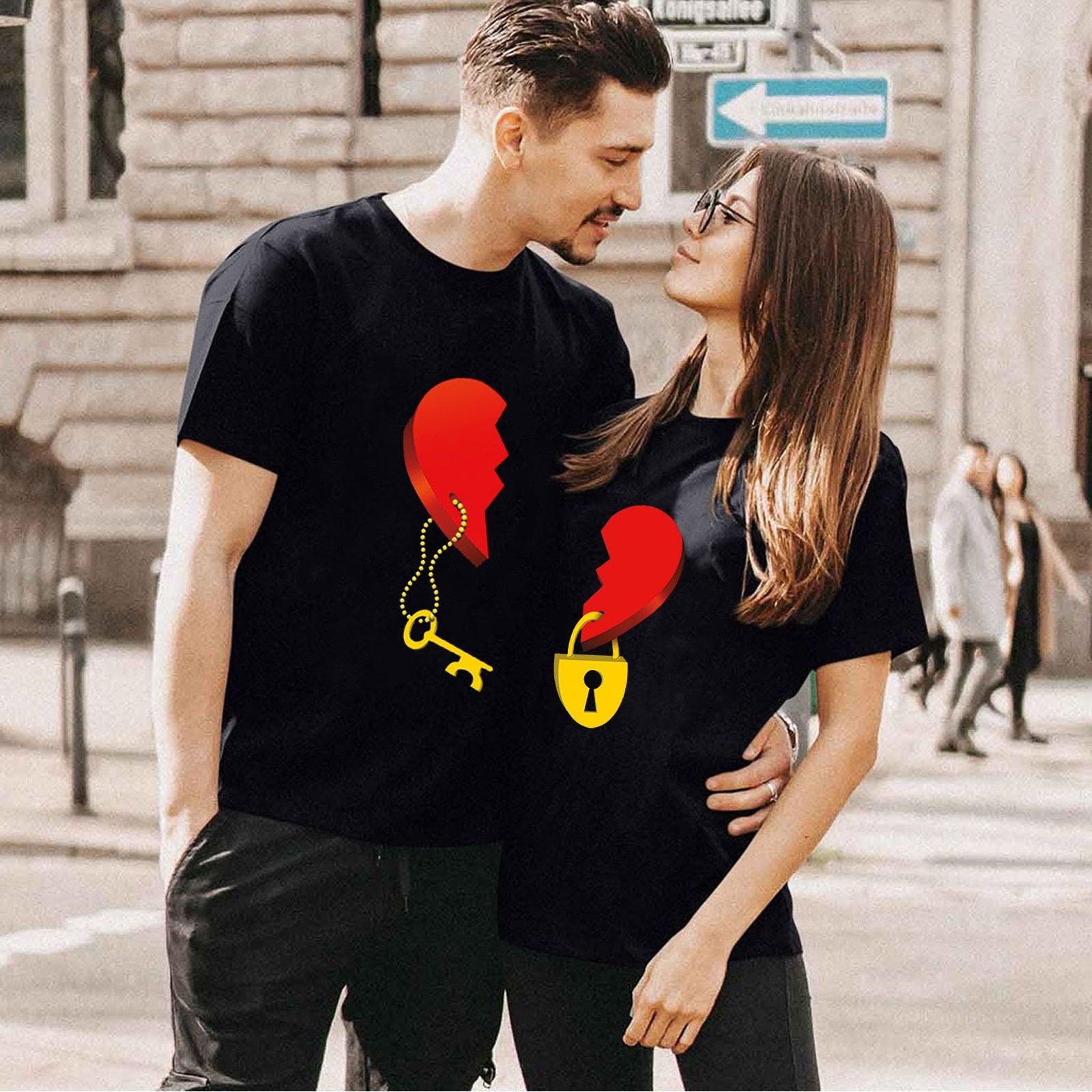 Couple Tshirt Men and Women Lovers Key Print Short Sleeve Sweet  Graphic  Tees Tops Casual Streetwear - plusminusco.com