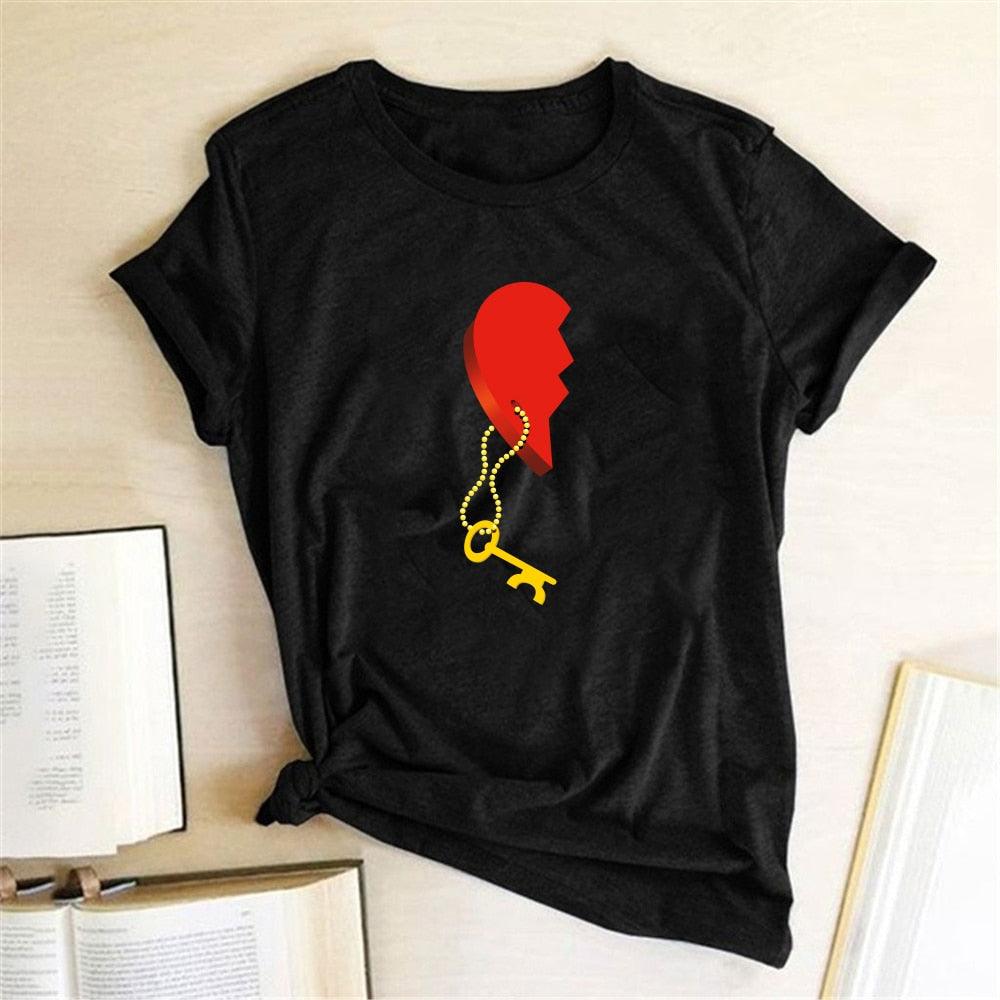 Couple Tshirt Men and Women Lovers Key Print Short Sleeve Sweet  Graphic  Tees Tops Casual Streetwear - plusminusco.com