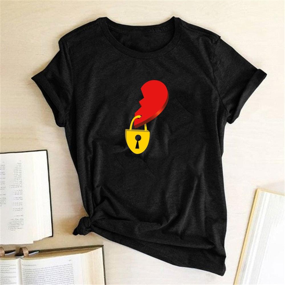 Couple Tshirt Men and Women Lovers Key Print Short Sleeve Sweet  Graphic  Tees Tops Casual Streetwear - plusminusco.com