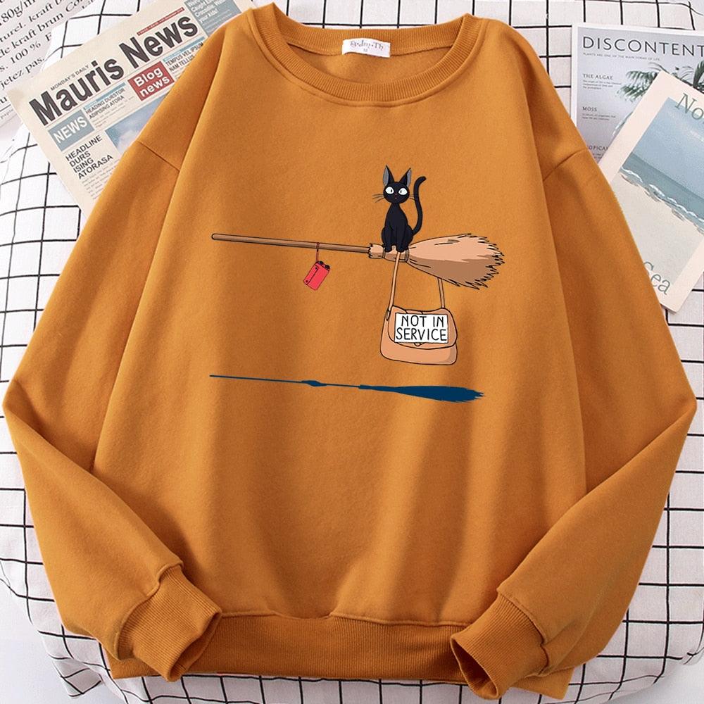 Cute Cat Not In Service Print Hoodies Women Casual Crewneck Sportswear Fleece Warm Fleece Sweatshirt Loose Hoody Autumn Clothes - plusminusco.com