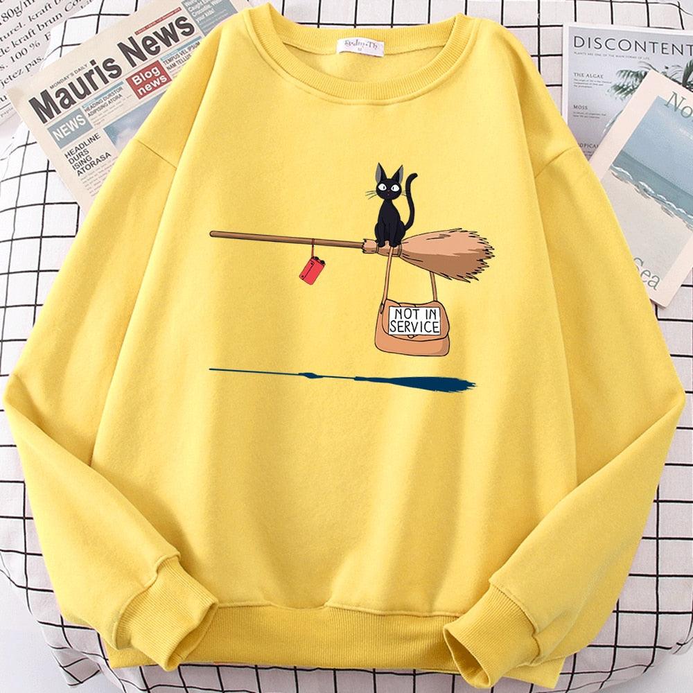 Cute Cat Not In Service Print Hoodies Women Casual Crewneck Sportswear Fleece Warm Fleece Sweatshirt Loose Hoody Autumn Clothes - plusminusco.com