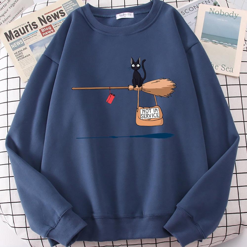 Cute Cat Not In Service Print Hoodies Women Casual Crewneck Sportswear Fleece Warm Fleece Sweatshirt Loose Hoody Autumn Clothes - plusminusco.com