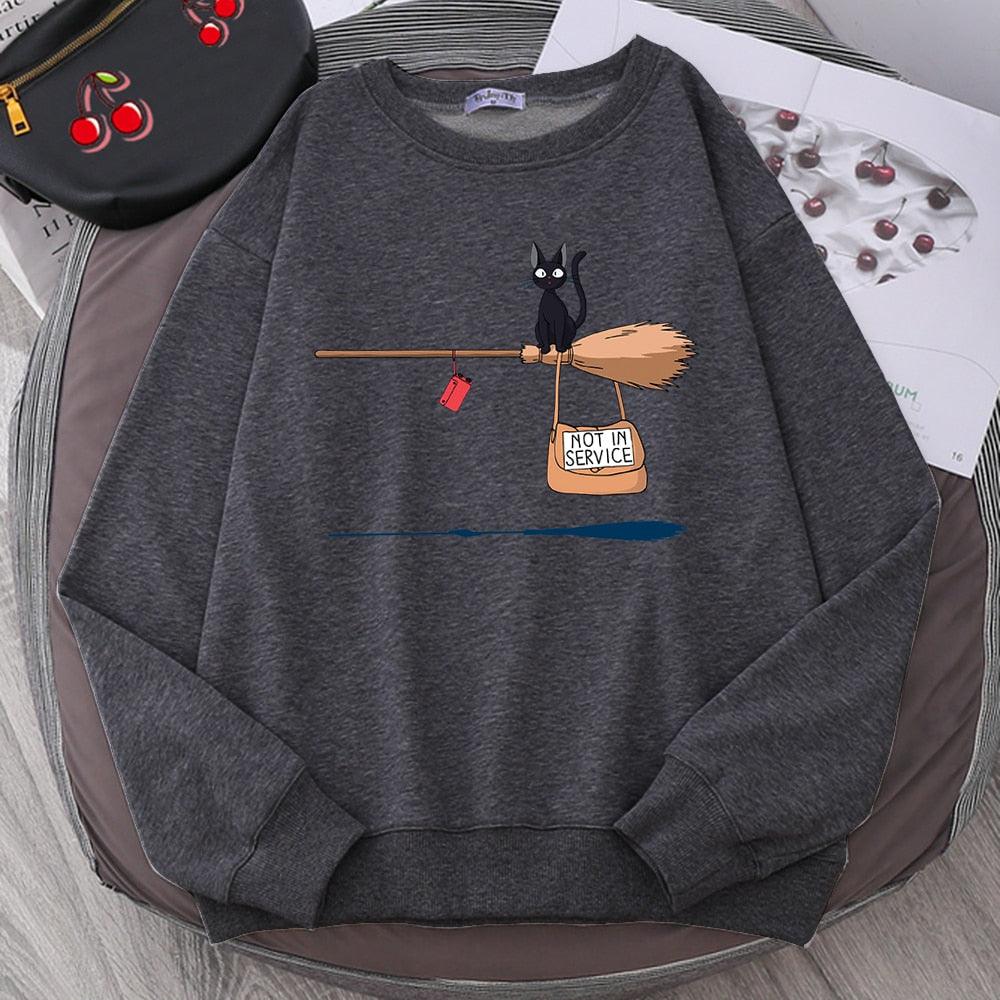 Cute Cat Not In Service Print Hoodies Women Casual Crewneck Sportswear Fleece Warm Fleece Sweatshirt Loose Hoody Autumn Clothes - plusminusco.com
