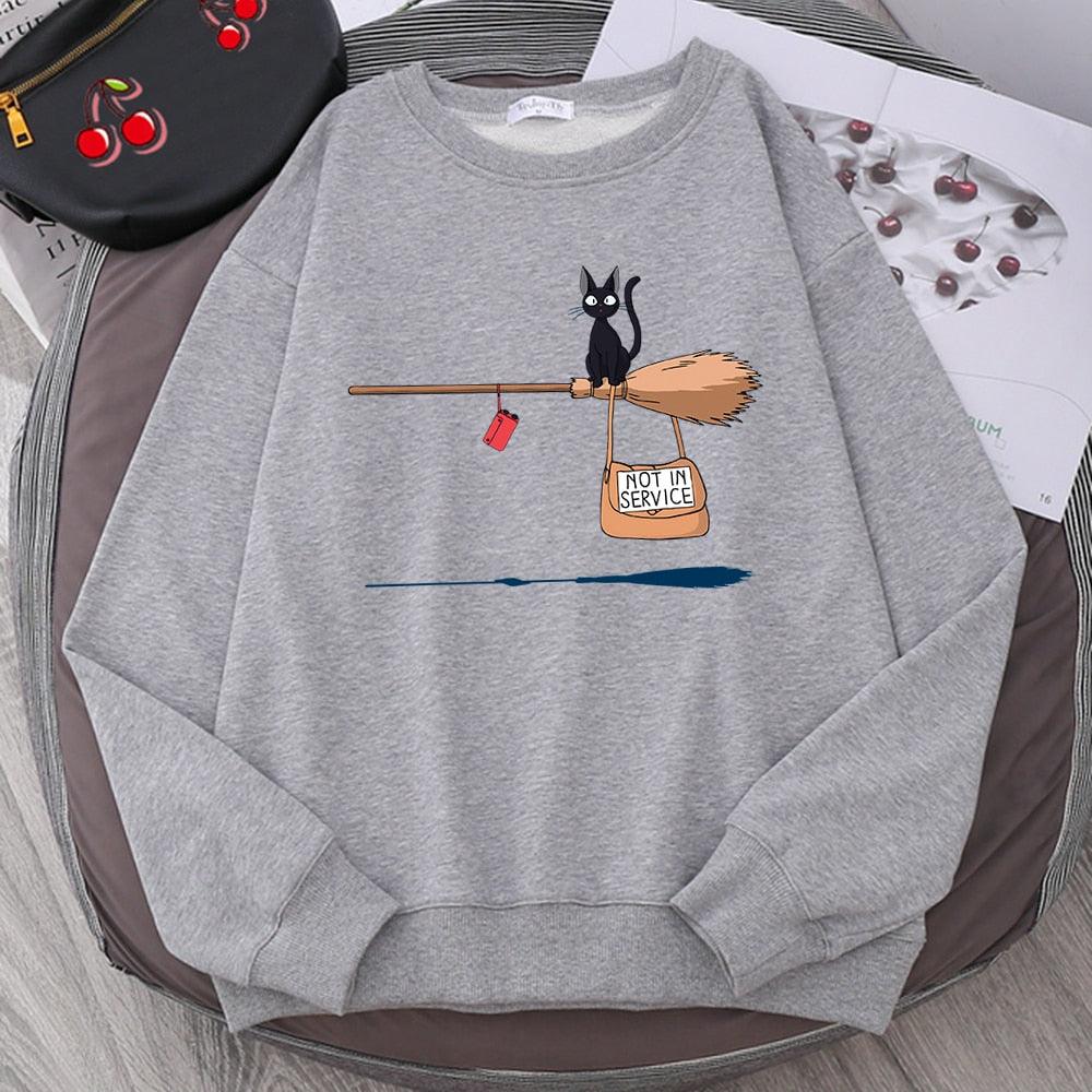 Cute Cat Not In Service Print Hoodies Women Casual Crewneck Sportswear Fleece Warm Fleece Sweatshirt Loose Hoody Autumn Clothes - plusminusco.com