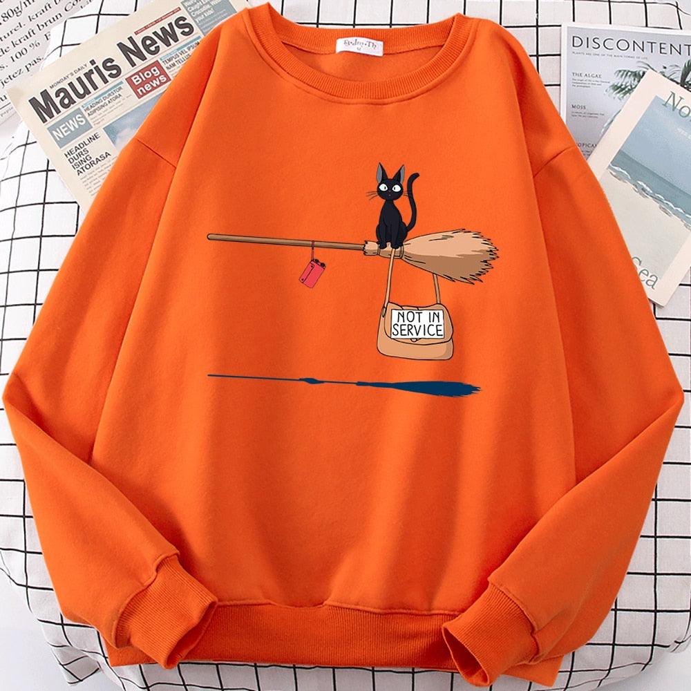 Cute Cat Not In Service Print Hoodies Women Casual Crewneck Sportswear Fleece Warm Fleece Sweatshirt Loose Hoody Autumn Clothes - plusminusco.com